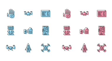 Robot, Mekanik robot eli, Akıllı Ev, Elektronik bilgisayar parçaları anakart dijital çipi ve ikon ile uçan insansız hava aracı ayarlayın. Vektör