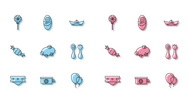 Bebek emici bebek bezi, lazımlık, lolipop, kurdeleli balonlar, çıngıraklı bebek oyuncağı çatal ve kaşık, şeker ve yenidoğan kundak ikonu. Vektör