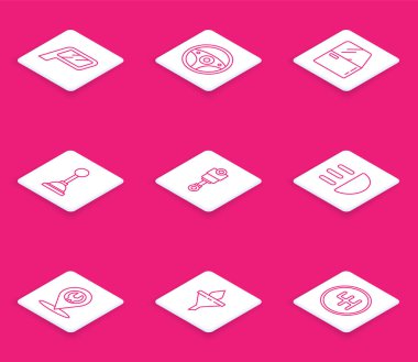 Hat aynası, direksiyon, kapı, vites kolu, motor pistonu, yüksek kiriş, servis ve huni filtresi ve motor yağı bırakma simgesi. Vektör