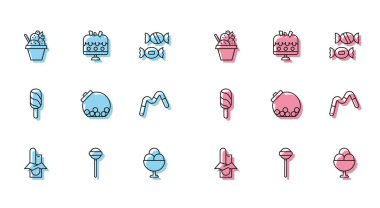Çikolata, lolipop, kasede dondurma içinde şeker olan cam kavanoz, şekerleme solucanları şekeri ve tabak ikonu. Vektör