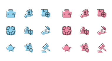 Piggy Bank, House with Shield, Evrak çantası, Yargıç Gavin, Money, Şemsiye, Lifebuoy ve ikon. Vektör