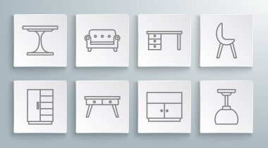 Gardırop, kanepe, ofis masası, lamba asma, Kol Sandalyesi ve Yuvarlak Masa ikonu. Vektör