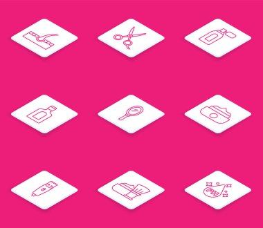 Çizgi insan saç kökü, makas kuaförü, atomla tıraş losyonu, şampuan şişesi, el aynası, saç kesme makinesi ve tıraş köpüğü ikonu. Vektör