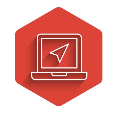 Konum imleci simgesine sahip uzun gölge arkaplanı olan beyaz çizgi dizüstü bilgisayarı. Kırmızı altıgen düğmesi. Vektör