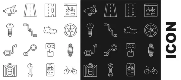 采购产品设置线自行车 金属螺钉和鞋子图标 — 图库矢量图片