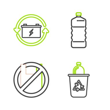 Geri dönüşüm sembollü geri dönüşüm kutusunu ayarla plastik poşet posterine, plastik şişeye ve akü ikonuna hayır de. Vektör