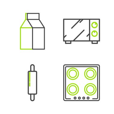 Gaz sobası, merdane, mikrodalga fırın ve süt ikonu için kağıt paketi ayarla. Vektör