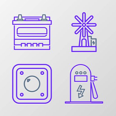 Elektrikli araba şarj istasyonu, elektrik düğmesi, rüzgar türbini ve araba akü ikonu ayarlayın. Vektör