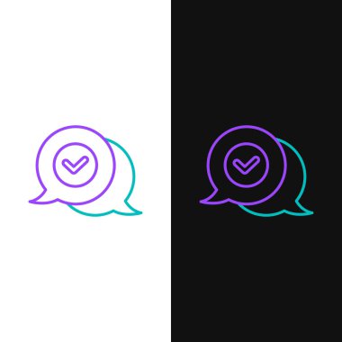 Beyaz ve siyah arkaplanda izole edilmiş konuşma baloncuğu simgesindeki satır kontrol işareti. Güvenlik, güvenlik, koruma, gizlilik kavramı. Kene izi onaylandı. Renkli taslak konsepti. Vektör