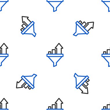 Çizgi Satış hunisi, pazarlama ve yeni başlayan iş simgesi grafiği ile beyaz arka planda izole edilmiş kusursuz desen. Bilgi şablonu. Renkli taslak konsepti. Vektör