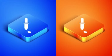 Isometric Pipette icon isolated on blue and orange background. Element of medical, chemistry lab equipment. Pipette with drop. Medicine symbol. Square button. Vector.