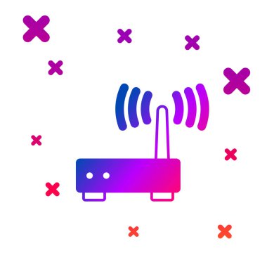 Renk Yönlendirici ve kablosuz bağlantı sinyali simgesi beyaz arkaplanda izole edildi. Kablosuz ethernet modem yönlendirici. Bilgisayar teknolojisi interneti. Kademeli rastgele dinamik şekiller. Vektör