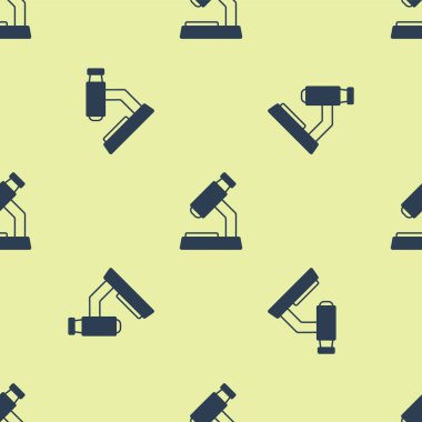 Mavi mikroskop simgesi sarı arkaplandaki kusursuz deseni izole etti. Kimya, ilaç aleti, mikrobiyoloji büyütme aracı. Vektör