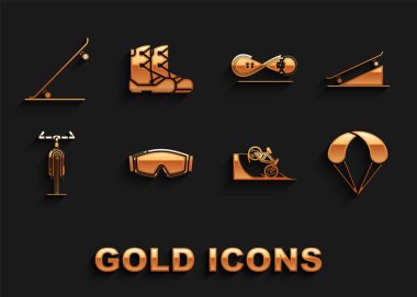 Kayak gözlükleri kaykayını sokak rampasına, paraşüt bisiklet numarasına ve bot simgesine ayarla. Vektör.