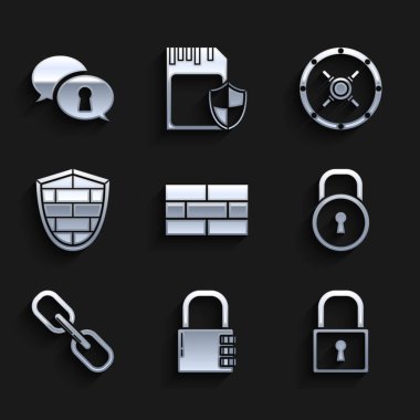 Tuğla kasa kombinasyonu kilit zinciri kalkanını siber güvenlik duvarı ve kişisel veri simgesinin korunmasıyla ayarla. Vektör.