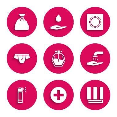 Parfüm, haç hastanesi, havlu yığını, sabunla el yıkama, şişe hortumu spreyi, iç çamaşırı, prezervatif paketi, güvenli seks ve çöp poşeti ikonu. Vektör