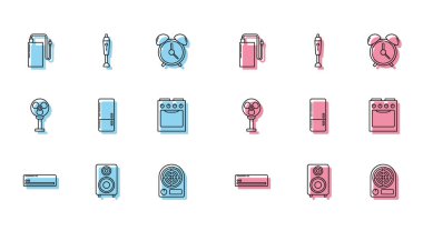 Hattı ayarlayın, klima, ses hoparlörü, elektrik kablosu, elektrikli ısıtıcı, buzdolabı, fırın, fan ve blender ikonu. Vektör