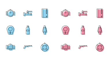 Halat dalış saati, balıkçı zıpkını, Lifebuoy, Aqualung, Carabiner, kaput ve endüstriyel metalik borular ve kapakçık ikonu. Vektör