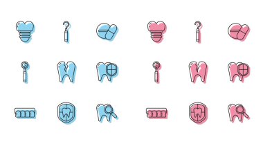 Takma dişler modeli, diş koruması, implant, arama, kırık diş, teftiş aynası ve diş ikonu için kaşif pulu. Vektör