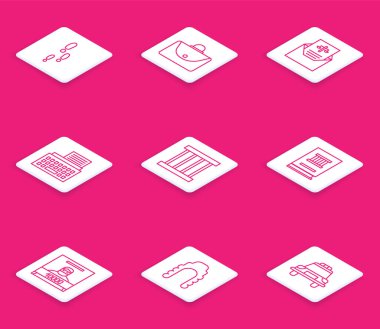 Set hattı Ayak Adımları, Evrak Çantası, Celp, Retro daktilo, Hapishane penceresi, Hukuk kitabı, Aranıyor afişi ve Yargıç peruğu ikonu. Vektör