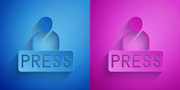 Paper Cut Journalist News Reporter Icon Isolated Blue Purple Background — Stock Vector