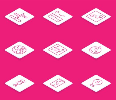 Hat trafik levhası, plajlı konum, güzergah konumu, büyüteç küre, Büyük Ayı takımyıldızı, pusula, iğne ve mobil simge. Vektör