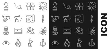 Demir al, Korsan parası, kılıç, antik hazine sandığı, tüttürme borusu, top, kanca ve harita ikonu. Vektör