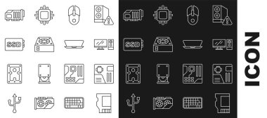 Hat SD kartını, Anakart dijital çipini, Bilgisayar monitörünü, fareyi, soğutucuyu, SSD 'yi, Video grafiğini ve Laptop simgesini ayarla. Vektör