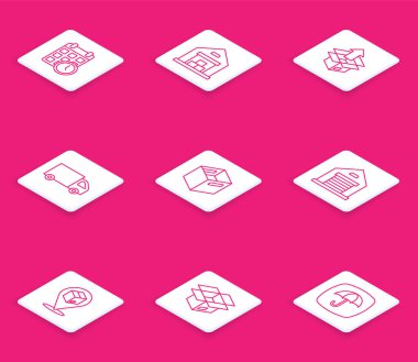 Takvim, depo, boks, teslimat kamyonu, karton karton, konum ve simge içeren karton kutuları ayarlayın. Vektör