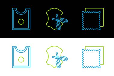 Tekstil kumaş rulo dikiş deseni, makas ve deri ikonu ayarlayın. Vektör.