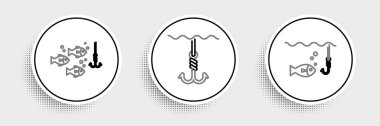 Set line Fishing hook under water with fish and icon. Vector.