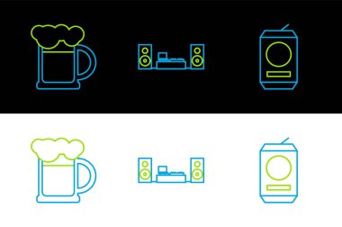 Bira kutusu bira kupası ve iki hoparlör ikonuyla ev teybi ayarla. Vektör.