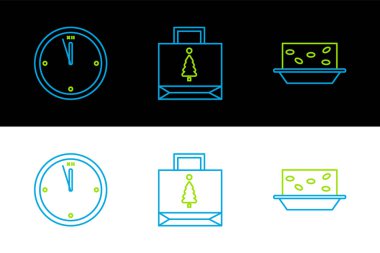 Nougat 'ı fındık saatli ve noel kartı alışveriş poşeti ikonlu ayarla. Vektör.