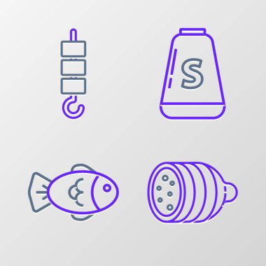 Salami sosis, balık tuzu ve ızgara şiş kebap ve şiş çubuğu ikonu. Vektör.