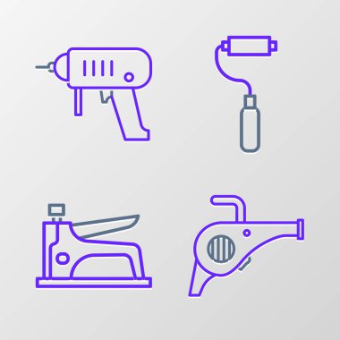 Yaprak Yaprak bahçe üfleyici, zımba, boya fırçası ve elektrikli matkap ikonu ayarlayın. Vektör.