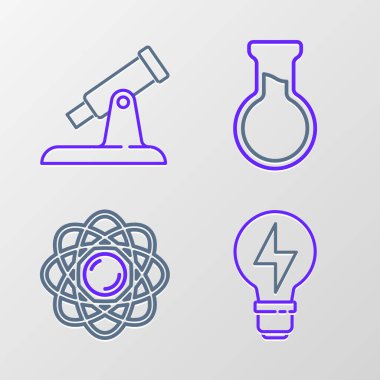 Atom test tüpü, tüp ve Teleskop ikonu ile çizgi oluşturun. Vektör.