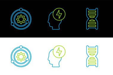 Çizgi DNA sembolü güneş sistemi, kafa ve elektrik ikonu. Vektör.