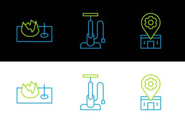 Bisiklet tamir servisini sokak rampasına ve pompa ikonuna ayarla. Vektör.