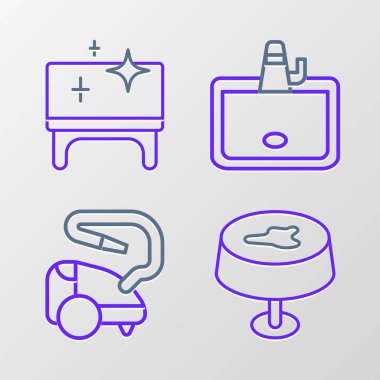 Masa örtüsü, süpürge yıkama lekesine ve temizlik ikonuna çizgi yap. Vektör.