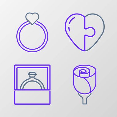 Çiçek Gülü Nişan Yüzüğü, Kalp ve Alyans ikonu. Vektör.