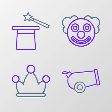 Palyaço kafalı, sihirbaz ve sihirli değnek ikonlu Cannon Jester şapkası. Vektör.