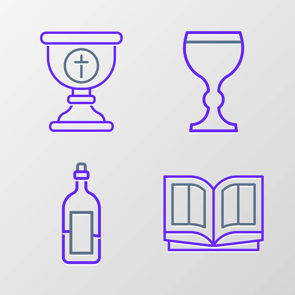 Набор линии Священная Библия книга Бутылка вина бокал и христианская чаша икона. Вектор.