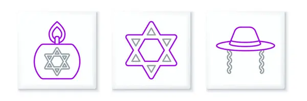 Установить Линию Ортодоксальная Еврейская Шляпа Горящая Свеча Икона Звезда Давида — стоковый вектор