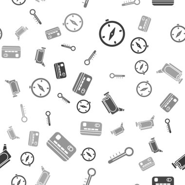 Pusula, Meteoroloji termometresi, sinema kamerası ve kredi kartını kusursuz desen üzerine ayarla. Vektör.