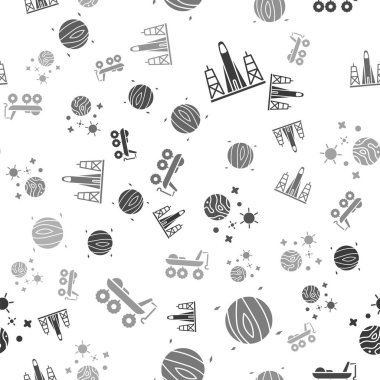 Uzay limanından, Venüs Gezegeni 'nden, uzay ve gezegenden ve Mars gezgininden roket fırlatmasını kusursuz bir şekilde ayarlayın. Vektör.