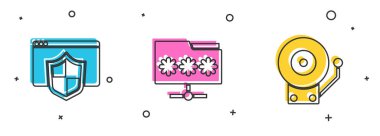 Tarayıcıyı kalkan, dizin şifresi ve alarm zili simgesi ile ayarla. Vektör.