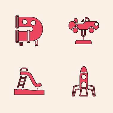 Roket gemisi, çocuk parkı kaydırak borusu, sallanan araba ve ikon ayarla. Vektör.