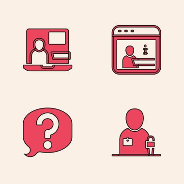 Gazeteci Haberleri Dünya Bilgileri ve Konuşma baloncuğu sohbet simgesini ayarla. Vektör.