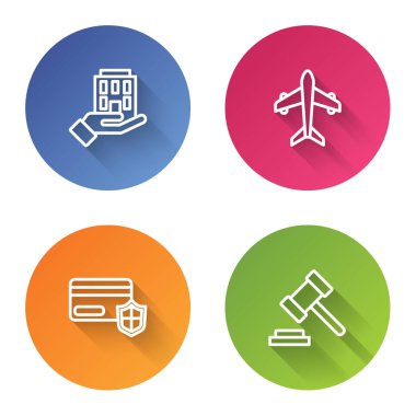 House 'u, Uçak' ı, rozetli kredi kartını ve Yargıç Tokmak 'ı ayarlayın. Renkli daire düğmesi. Vektör.