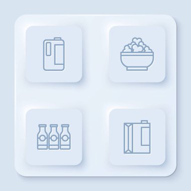 Plastik şişede süt, süzme peynir kefir için süt ve kağıt paketli şişe. Beyaz kare düğme. Vektör.